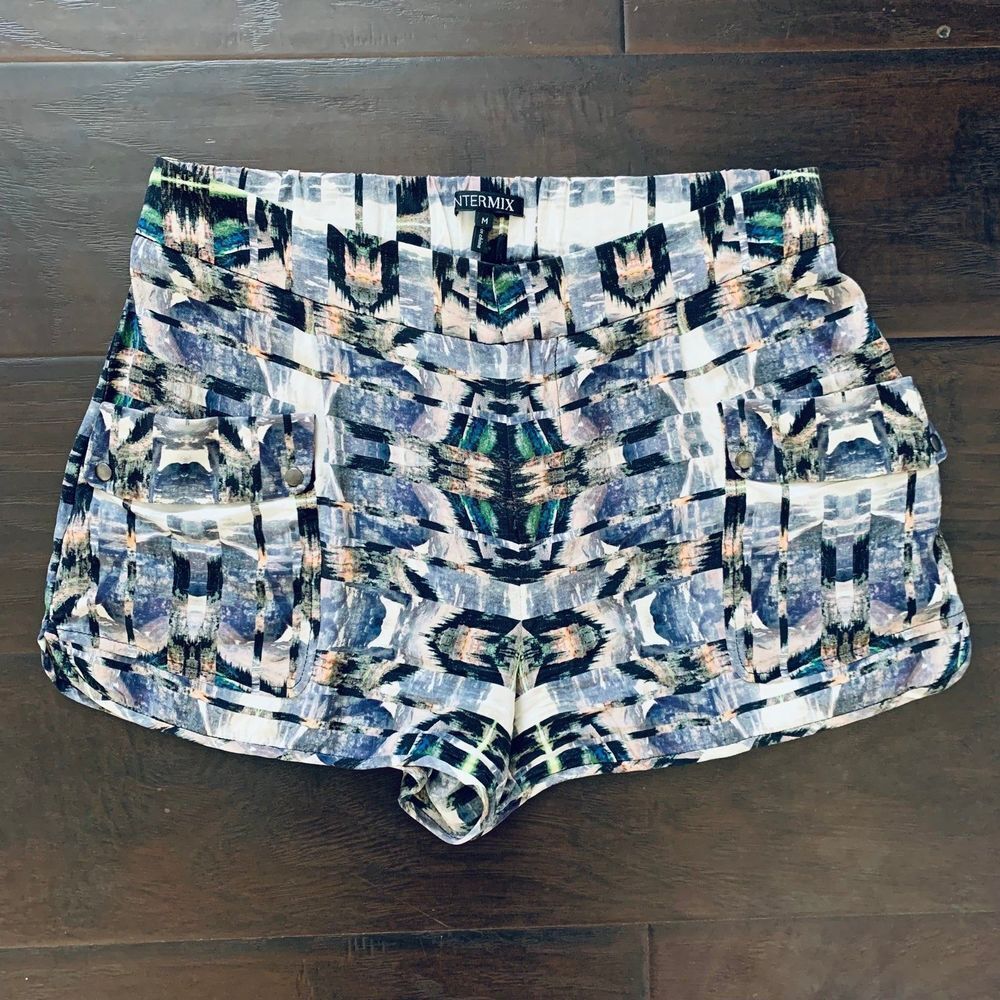 INTERMIX Women's Aztec Geo Watercolor Print 100% Silk Dress Shorts | Size: M